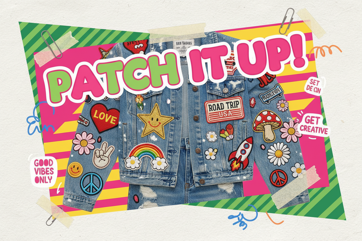 HEADLINE   PATCH IT UP! COLLAGE ELEMENT REFERENCE .  BACKGROUND: OFF-WHITE BASE WITH PINK-GREEN /PINK -YELLOW STRIPED BLOCKS  ACCENTS:HANDWRITETEN-STYLE STICKERS ,VINTAGE PAPER CLIPS,AND COLORFUL MARKER DOODLES DECOR:SCATTERED PATCH SAMPLES AND TRANSLUCENT TAPE STICKER EFFECTS MAIN VISUAL:CLOSE -UP OF A DENIM JACKET AND JEANS COVERED IN YOUR EMBROIDERED PATCHES(E.G ,HEARTS ,STARS,RETRO AMERICAN SLOGANS,FLOWERS ,ETC.)